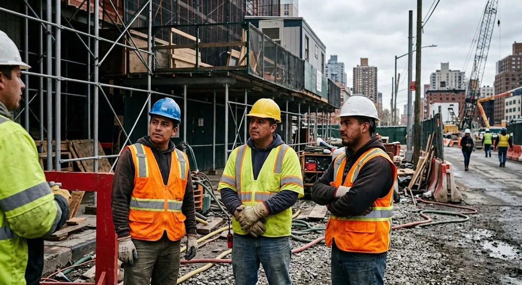 Construction workers listening attentively to an instructor